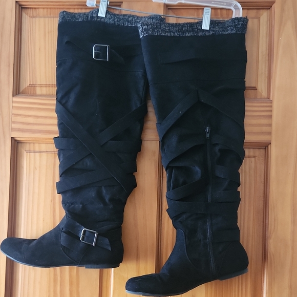 JustFab Jentry Black Over-the-Knee Boots with Buckle Detail - Picture 2 of 9